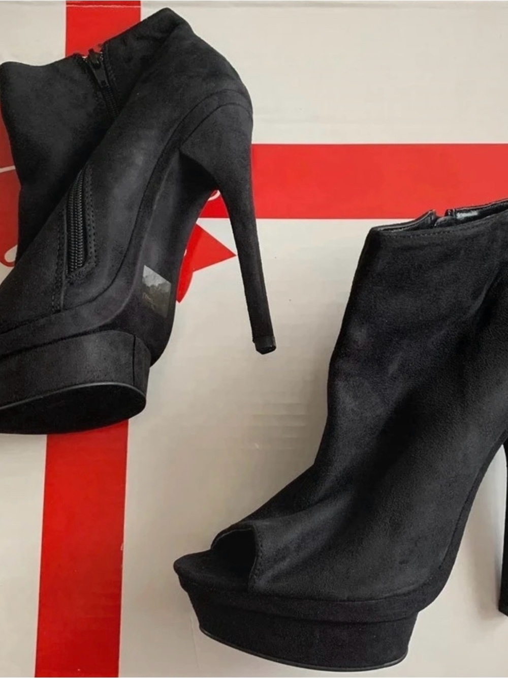 FRH Black Suede Peep-Toe Platform Ankle Boots
